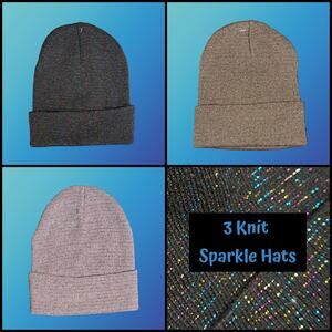 3 Winter Knit Toboggan Beanie Hats Solid Color With Rainbow Sparkle Threads OSFM